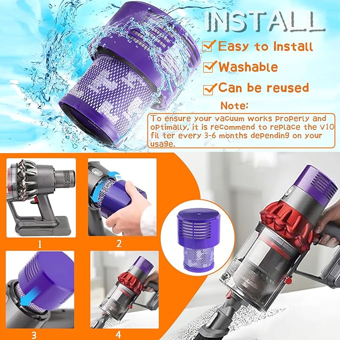 2 Pack V10 Filters Replacement for Dyson V10 Cyclone Series, V10 Absolute, V10 Animal, V10 Total Clean, SV12, Replace Part No. 969082-01,2 Pack Filters and 1 Clean Brush