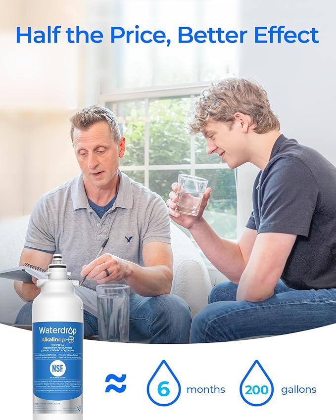 Waterdrop 𝐀𝐥𝐤𝐚𝐥𝐢𝐧𝐞 ADQ73613401 Water Filter, 𝐄𝐧𝐡𝐚𝐧𝐜𝐞𝐬 𝐩𝐇, Replacement for LG® LT800P®, ADQ73613402, ADQ75795104, LSXS26326S, LMXC23746S, LSXS26366S, LSXS26386D, 4 Filters