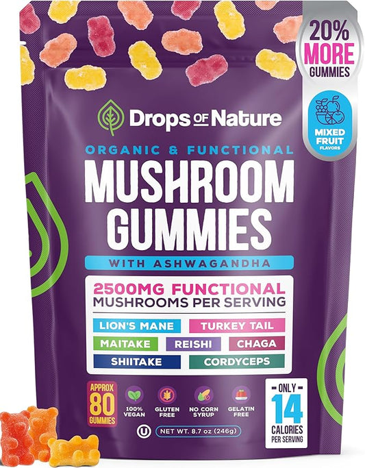 Ashwagandha Gummies and Lions Mane Mushroom Gummies Supplement - Organic - Reishi, Cordyceps, Turkey Tail, Maitake, Shitake, Chaga - Immune Defense, Boosts Cognitive Performance, Vegan, Low Carb