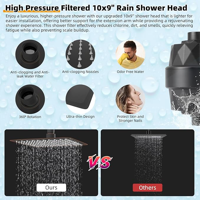 Hibbent Metal 10'' Filtered Rainfall Shower Head with Handheld Combo, High Pressure Shower Wand, 16'' Adjustable Arc Extension Arm, 20 Stage Shower Filter, 71'' Hose, Shower Holder, Oil Rubbed Bronze