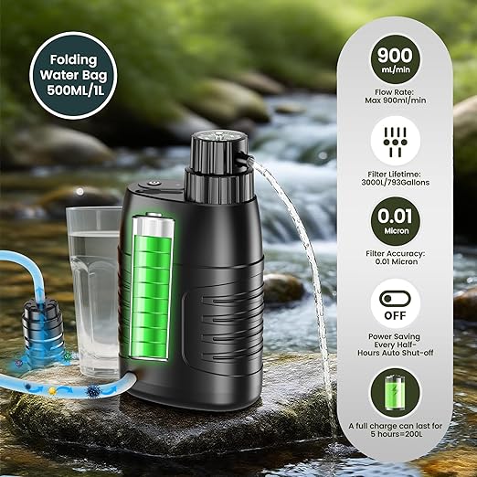 YOTAN Electric Water Purifier Survival, 0.01 Micron 6-Stage Portable Water Filter with Emergency Compass, Water Purification System for Camping, Backpacking, Hiking, Travel, Biking, Fishing, Hunting