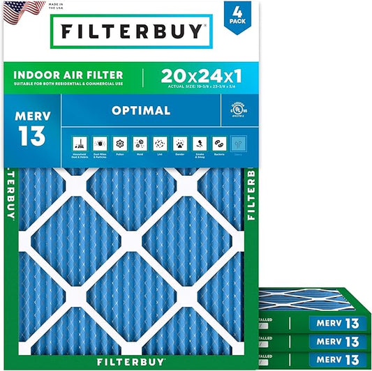 Filterbuy 20x24x1 Air Filter MERV 13 (MPR 1900) Health Defense Replacement (4-Pack), Electrostatic Pleated HVAC AC Furnace Filters, Made in USA (Actual Size: 19.38 x 23.38 x 0.75)