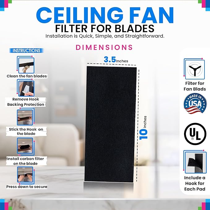 Ceiling Fan Filters for Blades - Coconut Shell Activated Carbon Unscented Dust Catcher Ceiling Fan Filter - Easy Peel & Stick on Fans - Blade Air Purifier Pads Removes Odors & Freshens the Air (3-Pcs)