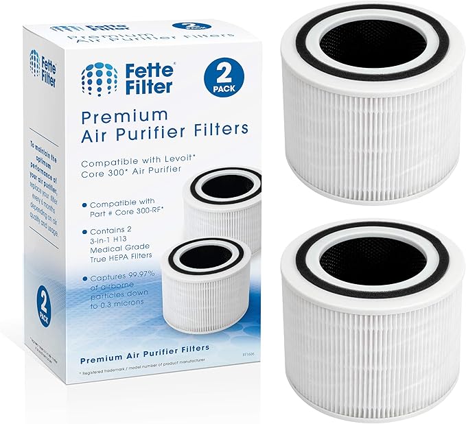 Fette Filter - 2 Pack Core 300 True HEPA Filters Compatible with LEVOIT Core 300 & Core P350 Air Purifier, 3-in-1 H13 Grade Premium True HEPA Filter Replacement Part # Core 300-RF and Core P350-RF