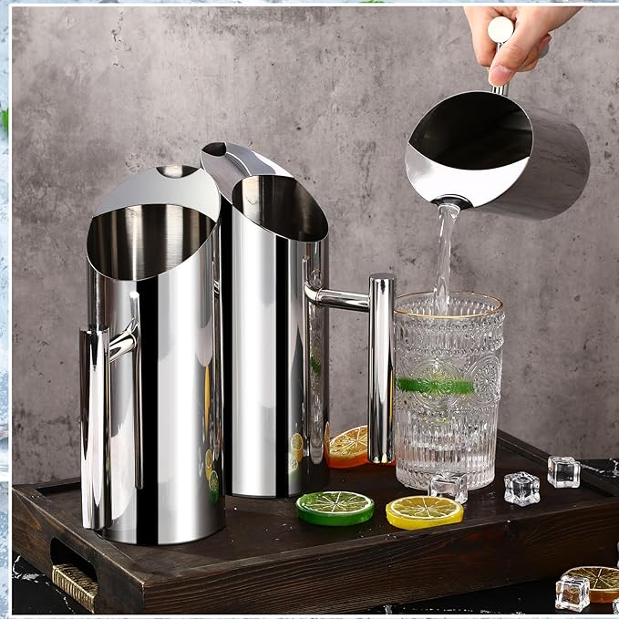3 Pack Stainless Steel Water Pitcher 33 oz / 1 L Modern Metal Pitcher with Ice Guard Silver Carafe Drink with Handle or Iced Hot Drink Tea Juice Coffee Beer