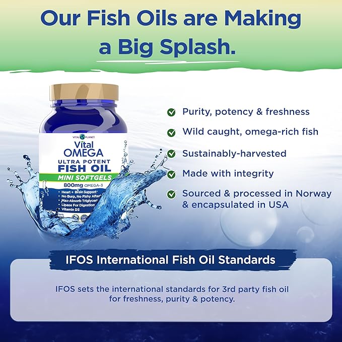 Vital Planet - Vital Omega 3 Fish Oil Mini Softgels Supplement with 800mg of High Potency Wild Caught Omega 3 Fatty Acid Supplements EPA DHA and DPA for Heart Health 60 Softgels (Packaging May Vary)