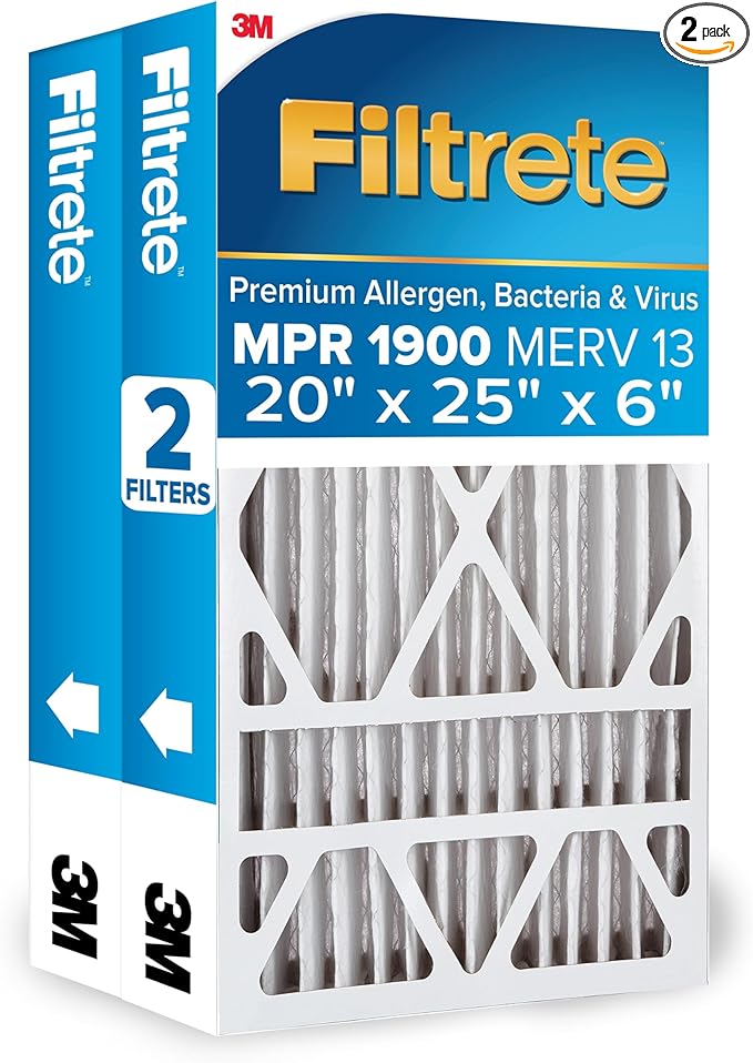 Filtrete 20x25x6 AC Furnace Air Filter, MERV 13, MPR 1900, Premium Allergen, Bacteria & Virus, Electrostatic Air Cleaning Filter, 2-Pack (Actual Size 19.75x24.25x6 in)