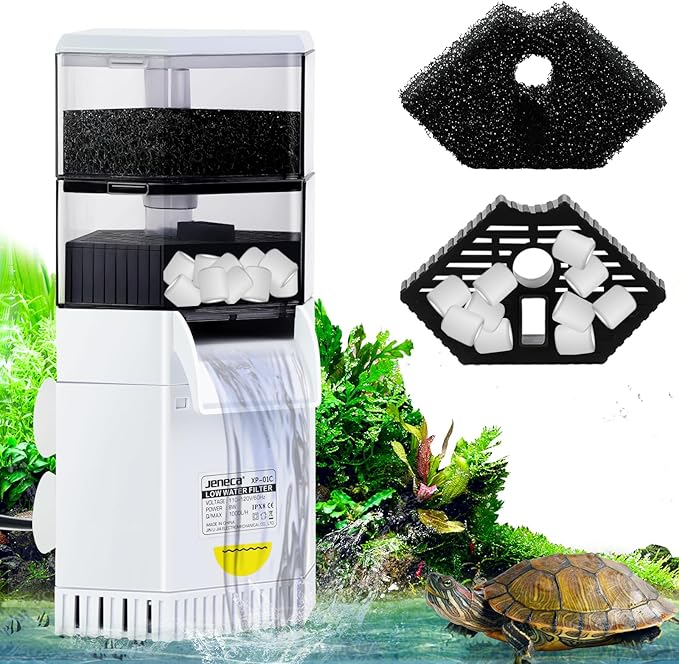 225 GPH Turtle Tank Filter for 10-40 Gallon, Turtle Filter Low Water Level Available, Aquarium Filter with 2-Stage Waterfall Bio-Filtration, Fish Tank Filters for Shrimps, Amphibians, Turtle Tank