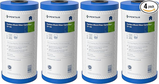 Pentair Pentek EP-BB Big Blue Carbon Water Filter, 10-Inch, Whole House Carbon Block Replacement Cartridge with Bonded Powdered Activated Carbon (PAC) Filter, 10" x 4.5", 5 Micron, Pack of 4