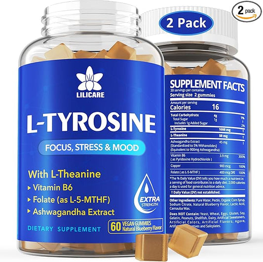 L Tyrosine Gummies 1100mg Mood Support Blend, with Ashwagandha, L-Theanine, Vitamin B Complex B6, Folate(Vitamin B9), Focus & Memory, Cognition & Brain Function, Energy Boost,Stress Support, 2Pc/120ct