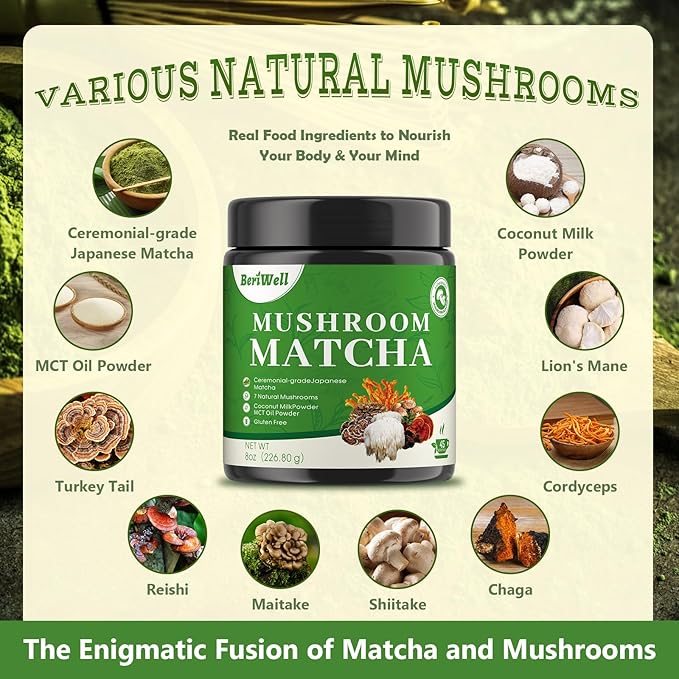 Mushroom Matcha Powder, Japanese Ceremonial Matcha Infused With 7 Superfood Mushrooms, MCT Oil, Coconut Milk Powder, Natural, Gluten Free, Taste Great Matcha Latter 8 Oz(45 Servings)