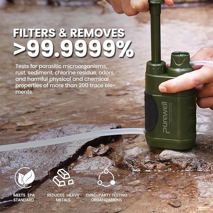 Purewell Water Purifier Pump with Replaceable Carbon 0.01 Micron Water Filter, 4 Filter Stages, Portable Outdoor Emergency and Survival Gear - Camping, Hiking, Backpacking