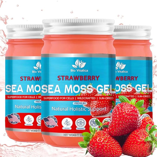 Sea Moss Gel by BioVitalica - Irish sea Moss raw Organic - Premium Quality - Dr Sebi, Vegan superfood for Cells - 100% Natural seamoss Gel (Pack of 3, Strawberry)