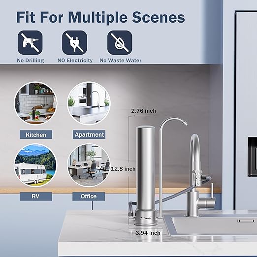 Frizzlife SS99 Countertop Water Filter System, 0.5 Micron NSF Certified 6-Stage Reduces 99.99% Lead, Chlorine, Heavy Metals, Bad Taste & Odor, Stainless Steel Faucet Water Filtration for 8000 Gallons