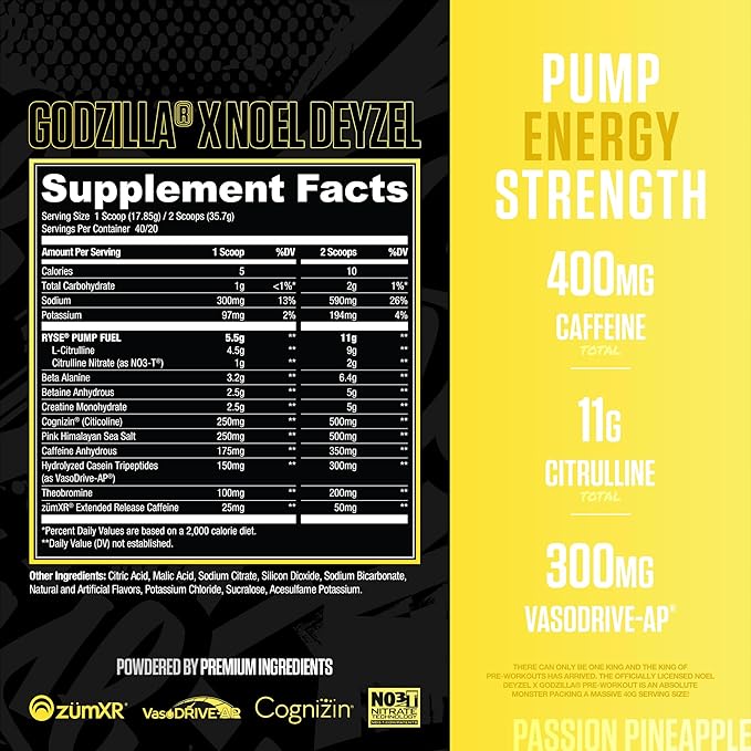 RYSE Godzilla X Noel Deyzel Pre Workout Powder - Passion Pineapple - 400mg Caffeine, High Stim Pre-Workout for Men & Women with Citrulline & Beta Alanine - Energy, Pump & Focus - 20/40 Servings