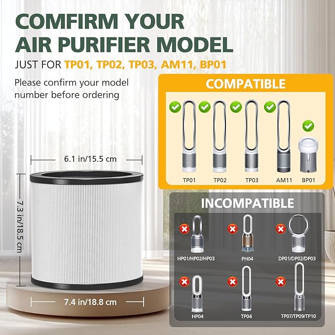 2 Pack Upgraded TP01 Filter HEPA Filter Replacement Compatible with Dyson Tower Purifier Pure Cool Link TP01, TP02, TP03, AM11, BP01 Models, Compare to Part 968126-03, Black