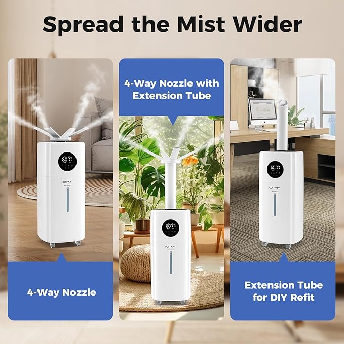 COSTWAY 21L/5Gal Humidifier for Large Room, Top Fill Whole House Humidifier, 3 Mist Levels, Extension Tube, 360° Nozzles & Remote Control for Bedroom, Plants