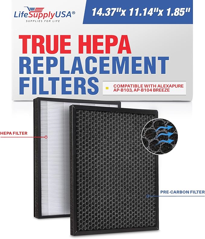 AP-B103 / AP-B104 Filter Set Replacement Compatible with Alexapure Breeze AP-B102, 3049 Air Purifier – True HEPA + Activated Carbon by LifeSupplyUSA (1-Pack)