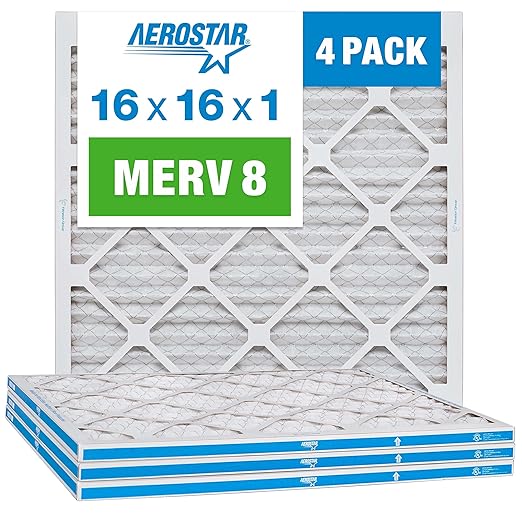 Aerostar 16x16x1 MERV 8 - 4 Count - Pleated HVAC, Furnace & Air Conditioner Filters - Removes Dust, Lint, Mold & Allergy-Causing Pollen