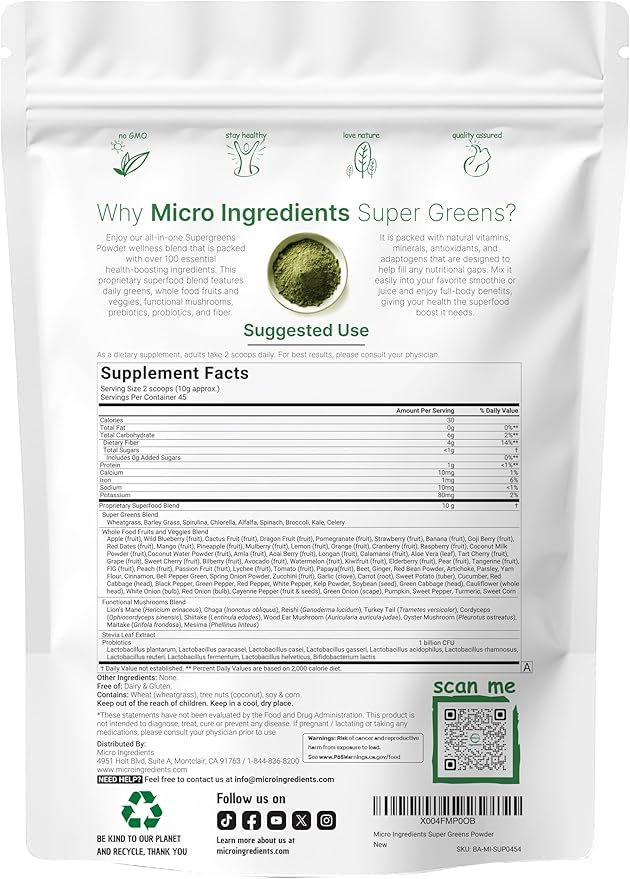 Micro Ingredients Super Greens Powder, 1lb | 100 Superfood Blend with Daily Greens, Fruits, Vegetables, Mushrooms & Probiotics | Source of Vegan Protein & Enzymes | Non-GMO, Gluten-Free, No Additives