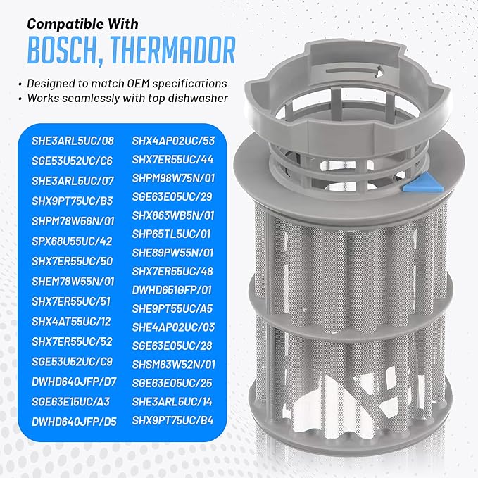 New Upgraded 00645038 645038 Micro Filter Dishwasher Drain Filter Compatible with Bosch Thermador Kenmore Dishwasher filter, Part Replaces AP4339631, 00651097, 1560725, 651097, AH3479708, EA3479708