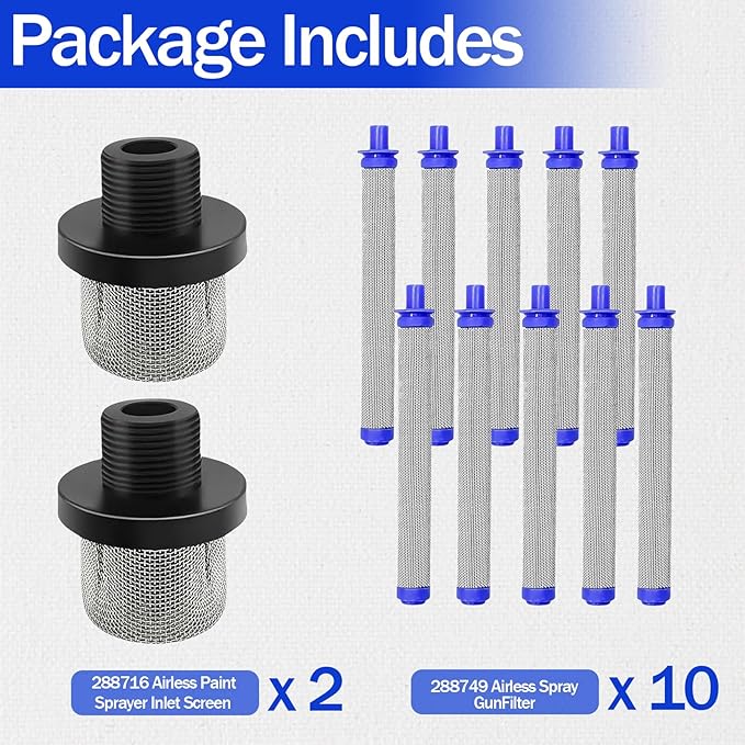 2-Pack 288716 3/4" Inlet Strainer + 10-Pack 288749 Airless Spray Gun Filters – Compatible with Graco SG10, SG20, SG Pro, X5, X7, Prox Series – Paint Sprayer Replacement Parts