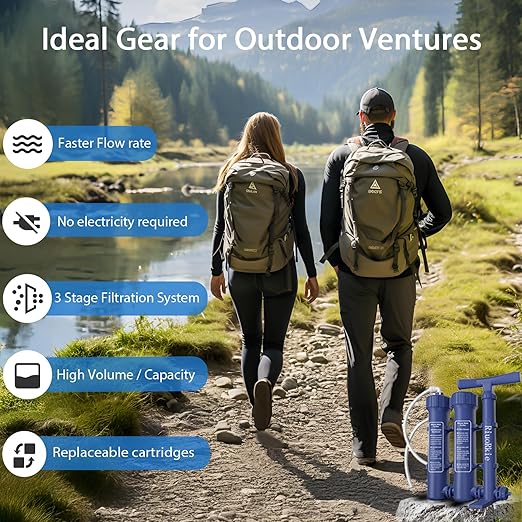 Water Purifier Survival Water Purification - Water Filter Camping Filtration System Survival Emergency, Hand Pump, 1.5L/Min High-Volume, 3-Stage Water Purification System for Group Camping and Etc
