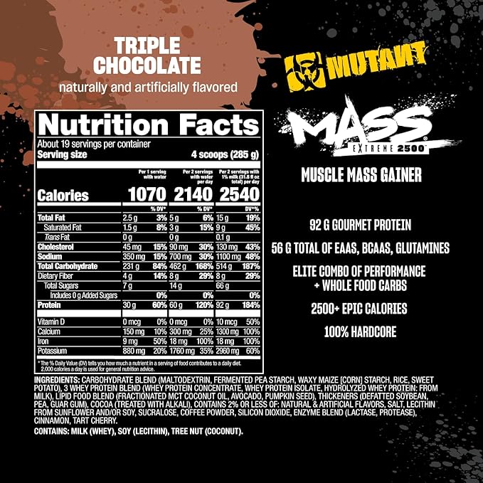 Mutant Mass Extreme Gainer – Whey Protein Powder – Build Muscle Size and Strength – High Density Clean Calories (Triple Chocolate, 12 lbs)