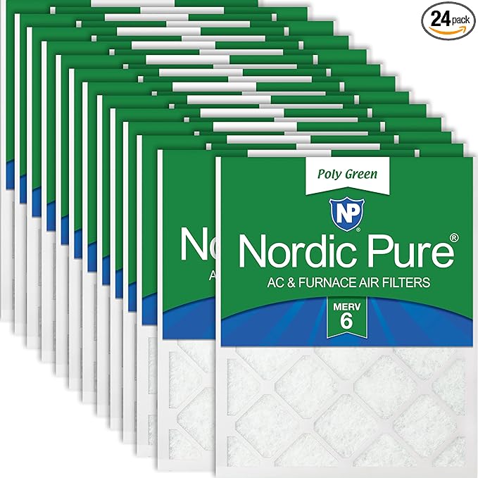 Nordic Pure 20x20x1 (Actual Size: 19 1/2 x 19 1/2 x 3/4) Poly Green MERV 6 AC Furnace Air Filters – Reduces Dust, Pollen, Pet Dander & Allergens – 24-Pack