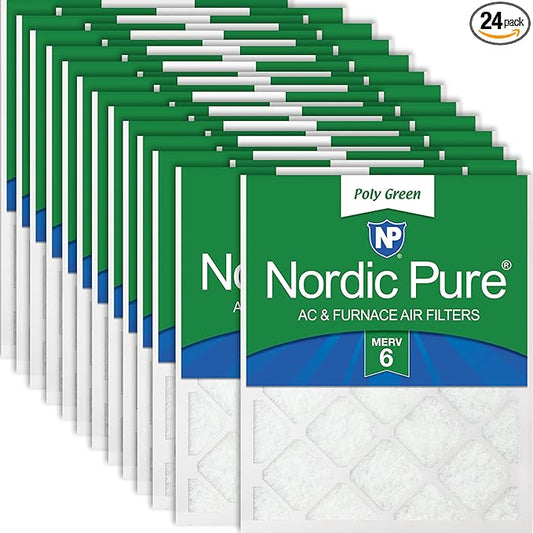 Nordic Pure 20x20x1 (Actual Size: 19 1/2 x 19 1/2 x 3/4) Poly Green MERV 6 AC Furnace Air Filters – Reduces Dust, Pollen, Pet Dander & Allergens – 24-Pack