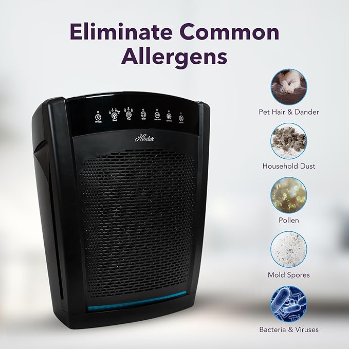 Hunter HP850 Air Purifiers for Home Large Room and Bedroom. True HEPA Air Purifier for Pets, Odors, Allergens, Smoke, Dust. UV Value Bundle w/Extra Filter, Cleans 2585 Ft² per hour. Black