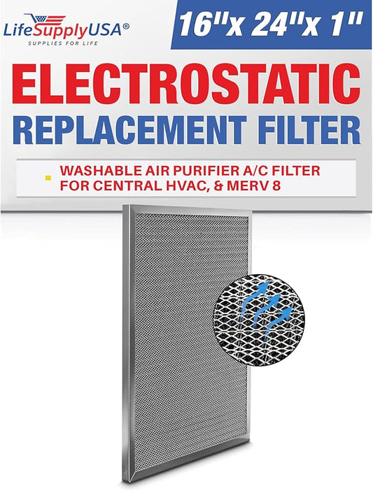 16x24x1 Electrostatic Air Filter, MERV 8, Washable, Reusable Furnace AC/HVAC Filter, Energy Saving, Easy to Clean, Long-Lasting by LifeSupplyUSA