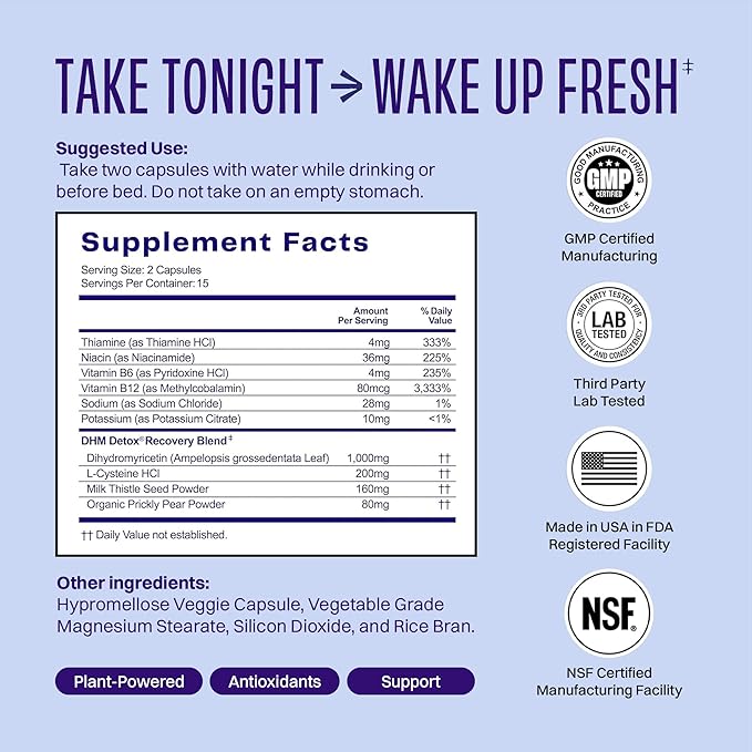 DHM Detox, 60 Capsules (30 Servings) - Jar - Take During Evening for Better Next Day and Recovery