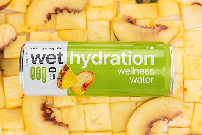Wet Hydration, Zero Calorie, Functional Wellness Water - Peach Pineapple (12 Ounce Cans, Pack of 12) - Flavored Water, Hydration Drink, No Sugar, No Artificial Ingredients, Zero Calories (Packaging May Vary)