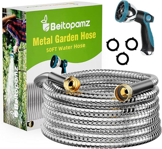 Garden Hose 50 ft, Stainless Steel Metal Water Hose 50 Feet with Nozzle, Flexible, Rust Proof, No-Kink, Heavy Duty, Leakproof 3/4 in Fittings, Lightweight Metal Hose, BT50S Model