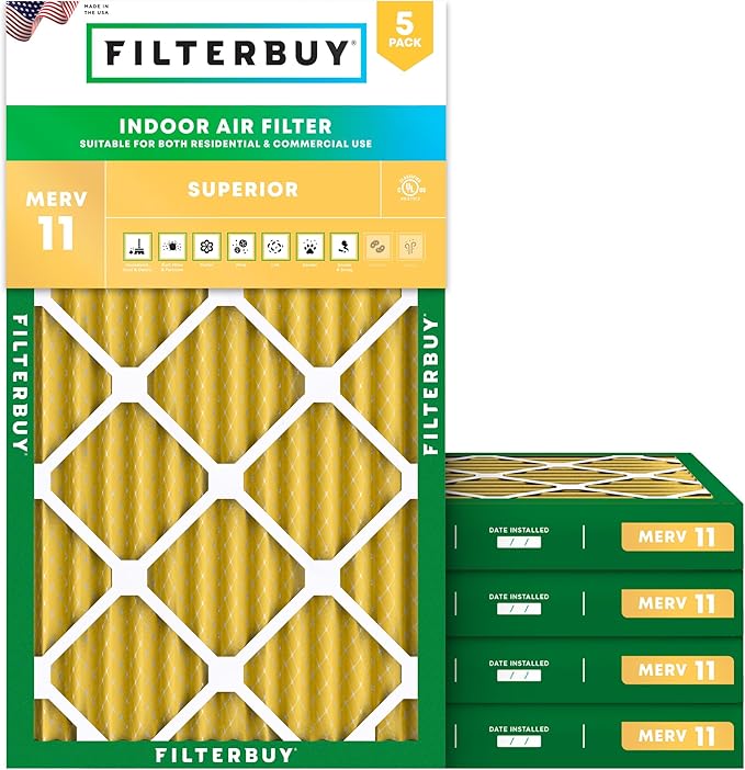 Filterbuy 20x36x2 Air Filter MERV 11 (MPR 1200) Allergen Defense Replacement (5-Pack), Electrostatic Pleated HVAC AC Furnace Filters, Made in USA (Actual Size: 19.50 x 35.50 x 1.75)