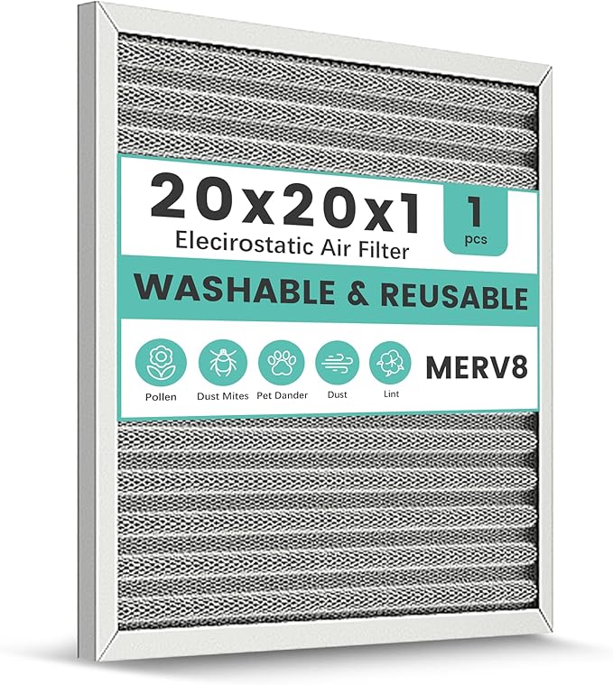 20x20x1 HVAC Furnace Air Filter, Washable Electrostatic Furnace Filter, MERV 8, Lasts a Lifetime, Breathe Fresher, Home And Office (Actual Size:19.75x19.75x0.82)