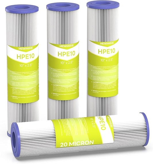 20 Micron Whole House Water Filter Cartridge, Pleated Sediment Filters for Well Water, Universal Replacement for Any 10 inch RO Unit - 10" x 2.5" Cartridges - Pack of 4