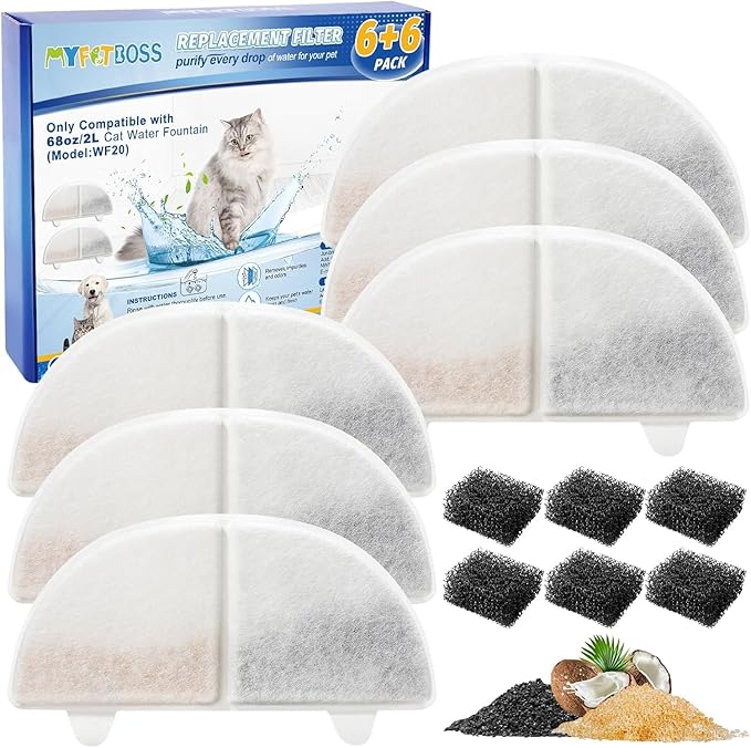 WF20/CF20 Cat Water Fountain Filter Replacement for Wireless Pumps Pet Fountain, 6 Pack Pet Filter Replacement with 6 Pack Water Pump Filters