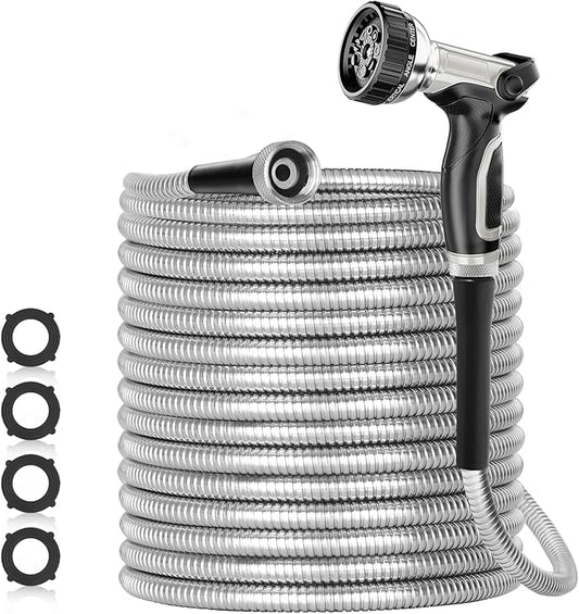 125ft 304 Stainless Steel Garden Hose Metal, Heavy Duty Water Pipe with Nozzles for Yard, Outdoor - Flexible, Never Kink & Tangle, Puncture Resistant (Sliver)