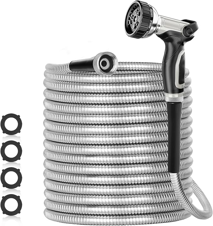 200ft 304 Stainless Steel Garden Hose Metal, Heavy Duty Water Pipe with Nozzles for Yard, Outdoor - Flexible, Never Kink & Tangle, Puncture Resistant (Sliver)