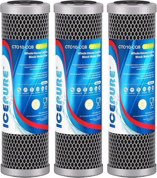 ICEPURE 1 Micron 10" x 2.5" Whole House Upgraded Coconut Shell Activated Water Filter Lead Remove Filter Cartridge Replacement for WFPFC8002, SCWH-5, WHCF-WHWC, FXWTC, CTO10-CQB, RO Unit, 3PACK