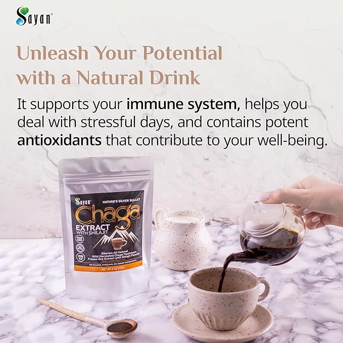Sayan Siberian Chaga Mushroom Extract with Shilajit Powder (4 oz) – Organic Antioxidant Tea – Immune and Digestion System Support – Fulvic Acid Supplement – Energy & Clarity – No Fillers
