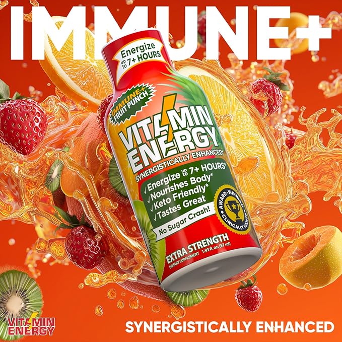 Vitamin Energy Immune+ Extra Strength Energy Shot Fruit Punch 24 Pack, 260mg Natural Caffeine, B-Vitamins, Citicoline, Green Tea, Immunity & Focus Support, Zero Sugar, Gluten-Free 1.93 fl oz