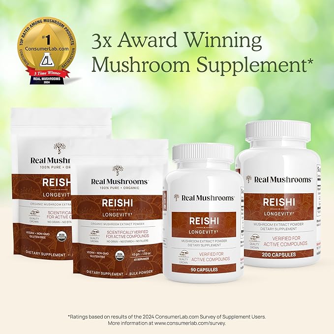 Real Mushrooms Reishi Mushroom Powder - Handpicked Organic Mushroom Extracts - Red Reishi for Tranquil Daily Wellness with Verified Beta Glucans Vegan, Non-GMO, No Grain Fillers, 45 Servings