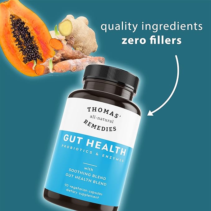 Thomas' all-natural Remedies Gut Health with Digestive Enzymes, Probiotics, Ginger, Papaya, and Turmeric for Digestion and Bloating Relieve