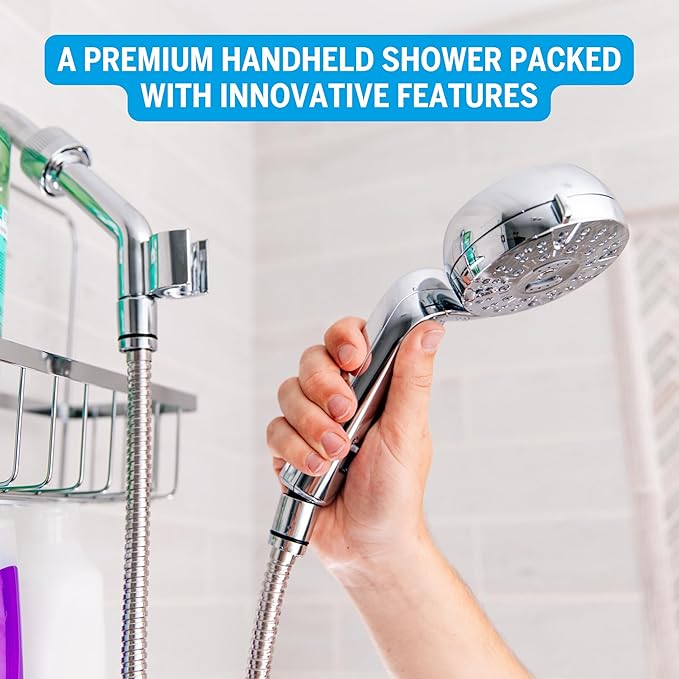 Waterpik Caddy Buddy Pivoting Hand Held Shower Head With 5-Foot Hose, 5-Mode with High Pressure Sprays, Chrome, PHO-553ME