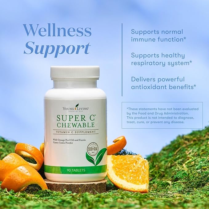 Young Living Super C Chewable Tablets 90ct - Vitamin C Supplement with Blend of Camu Camu, Acerola, Cherry, and Rose Hip Fruit Powder and Orange Premium Essential Oil