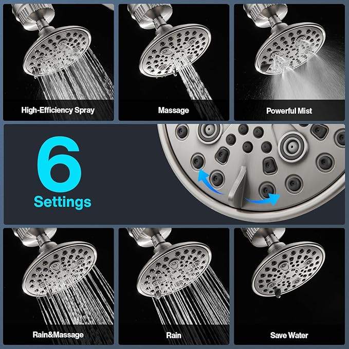 Cobbe 6-Setting High Pressure Filtered Shower Head Combo, Detachable Rain Shower Head with 20 Stage Shower Head Filter for Hard Water - Remove Chlorine and Harmful Substances, Brushed Nickel