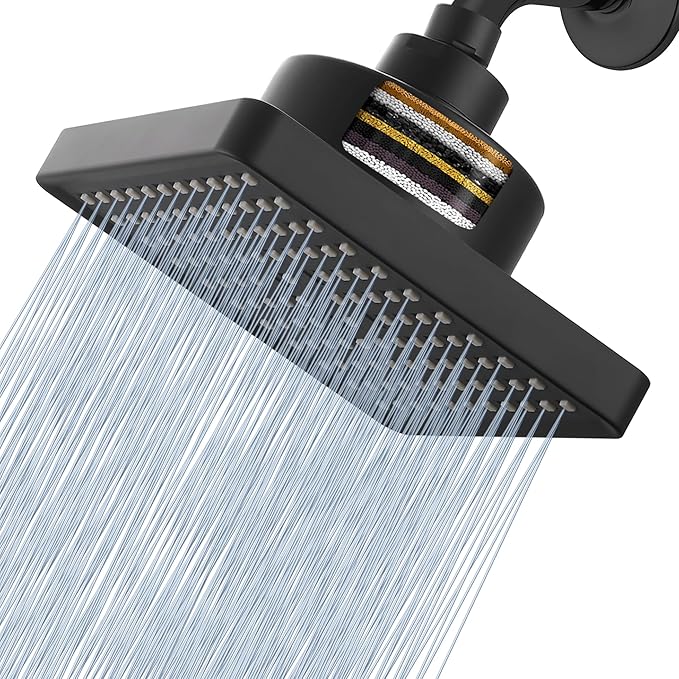 High Pressure Rain Shower Head with Filtered - 6" Square Showerhead Filter for Remove Chlorine and Harmful Substances, Improve Hair and Skin Problems, Matte Black